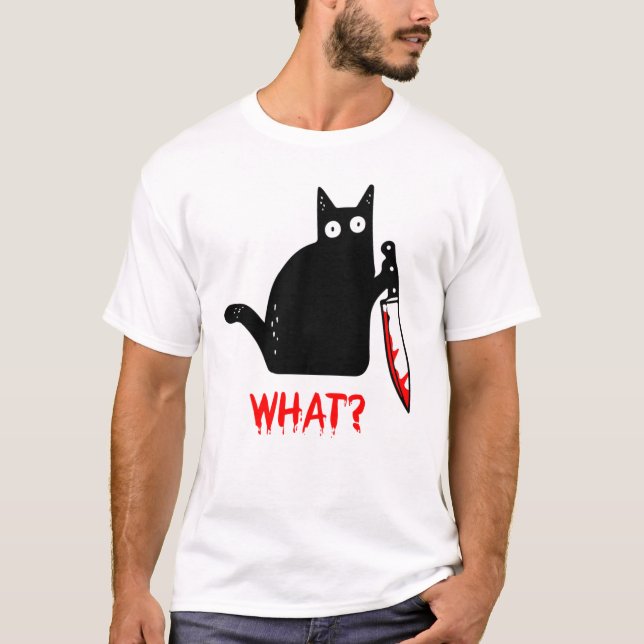 T-shirt Chat Noir drôle QUEL chat Meurtrier tenant le cout (Devant)