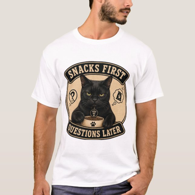 T-shirt Chat Noir Drôle Questions Ensuite Snacks D (Devant)