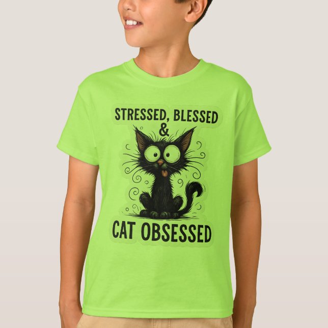T-shirt Chat Noir Drôle Stressé Bénis & Obsédé de Chat De (Devant)