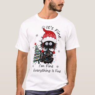 T-shirt Chat Noir Drôle Tangé Dans L'Arbre De Noël Lumière