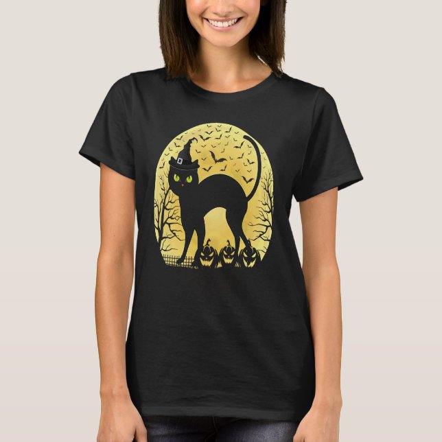 T-shirt Chat noir effrayant avec chapeau de sorcière plein (Devant)