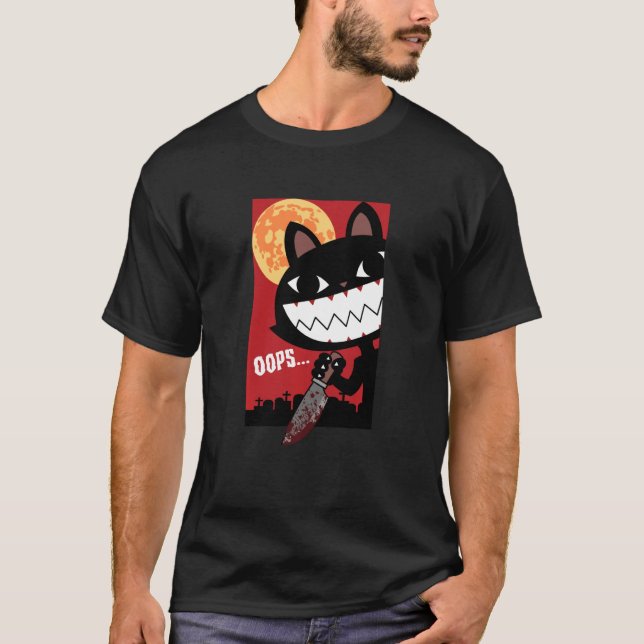 T-shirt Chat noir effrayant avec couteau Halloween Femmes  (Devant)