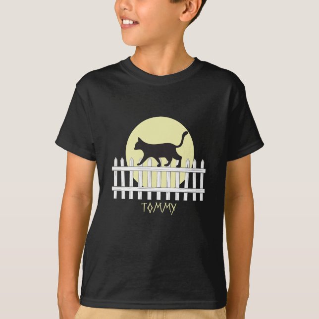 T-shirt Chat noir effrayant sur clôture en planches T-Shir (Devant)