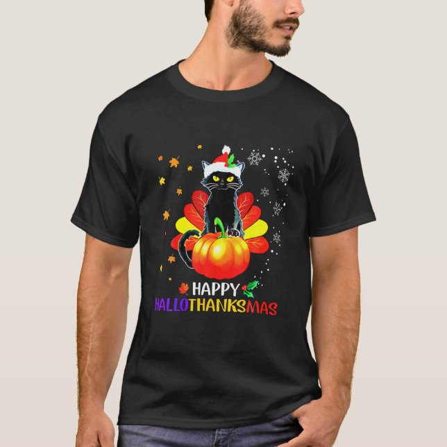 T-shirt Chat noir éffrayant Thanksgiving Christmas Happy H (Devant)