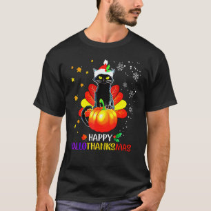 T-shirt chat noir effrayant Thanksgiving Noël Joyeux Hall