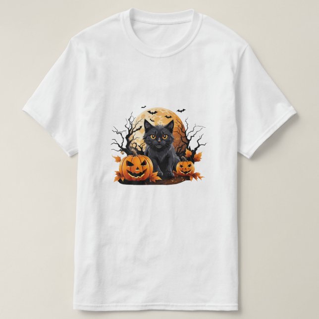 T-shirt Chat noir entouré de citrouilles (Design devant)