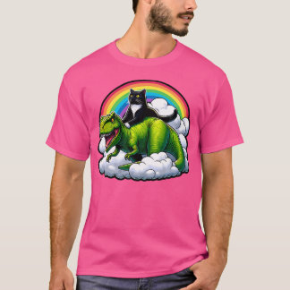 T-shirt Chat Noir équitation Dinosaure T Rex Arc En Ciel N