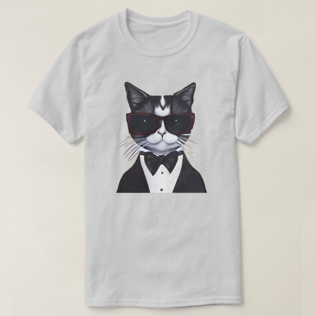 T-shirt Chat noir et blanc dans une Cravate Tuxedo et Bow (Design devant)