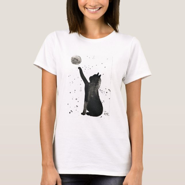 T-shirt Chat noir et chaton de lune aquarelle (Devant)
