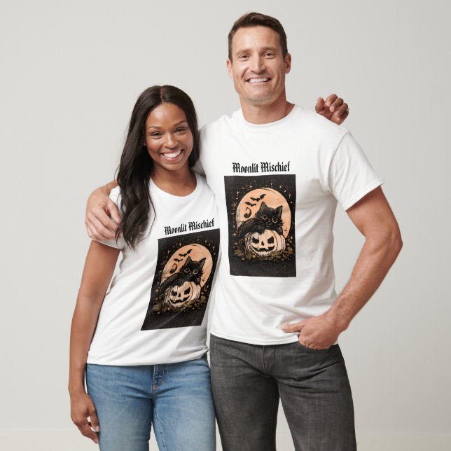 T-shirt Chat noir et citrouille au clair de lune Graphique (Unisexe)