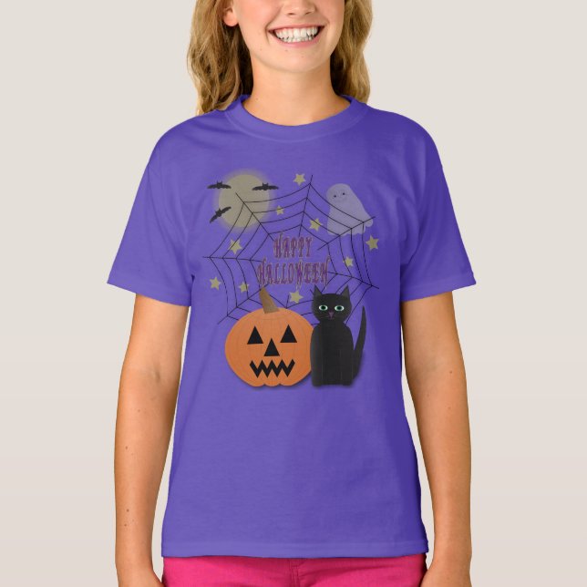 T-shirt Chat noir et citrouille, Halloween pas effrayant (Devant)