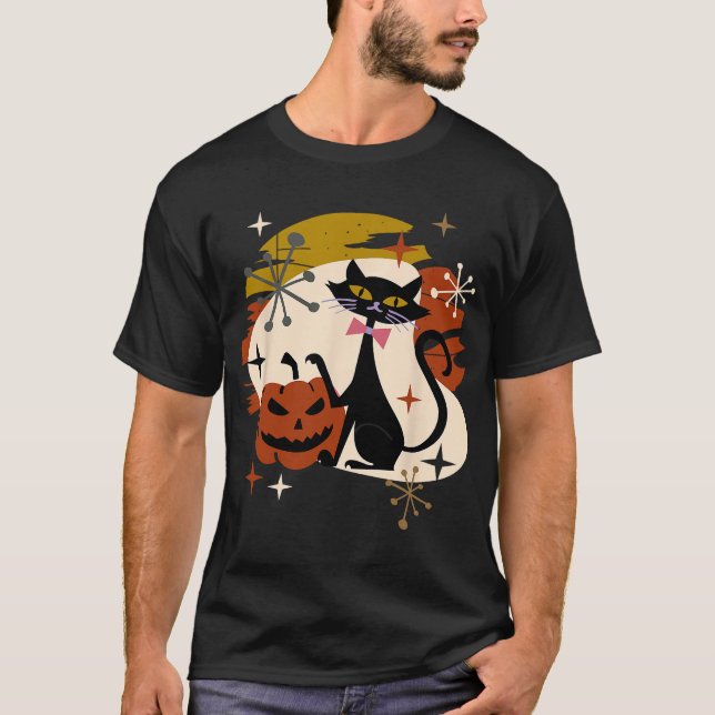 T-shirt Chat noir et Citrouille rétro atomique Halloween T (Devant)