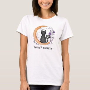 T-shirt Chat noir et lune de croissant pour Halloween heur