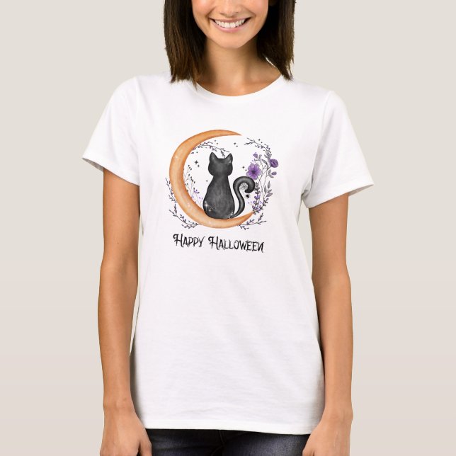 T-shirt Chat noir et lune de croissant pour Halloween heur (Devant)