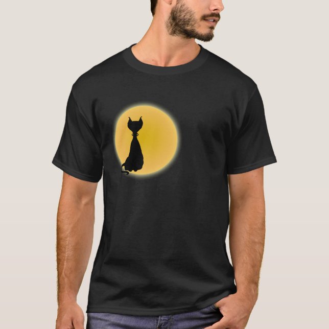 T-shirt Chat noir et lune jaune Halloween Art (Devant)