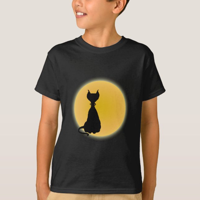 T-shirt Chat noir et lune jaune Halloween Art (Devant)