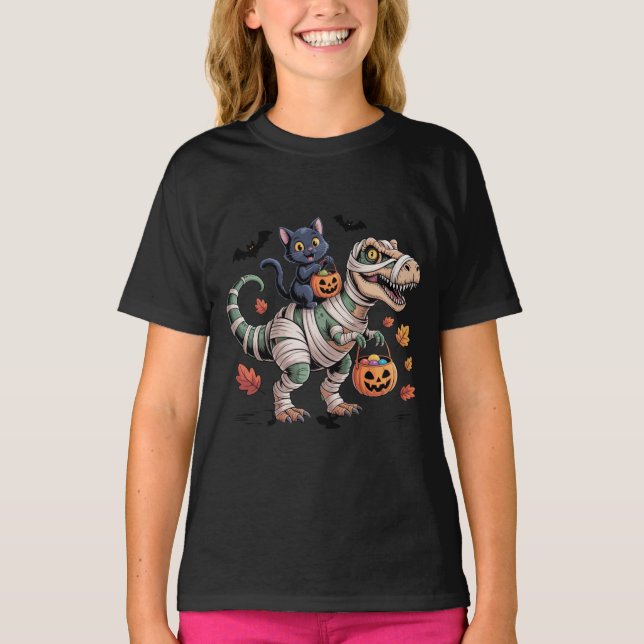 T-shirt Chat noir et maman T-Rex Halloween Ride (Devant)