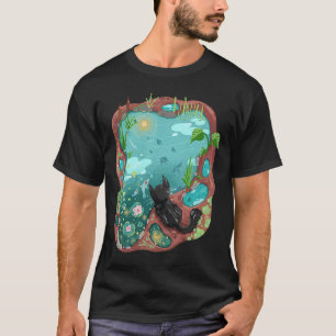 T-shirt Chat noir et surréalisme Étang de koi ciel nocturn