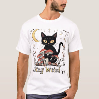 T-shirt Chat noir fantaisiste encadré par des champignons 