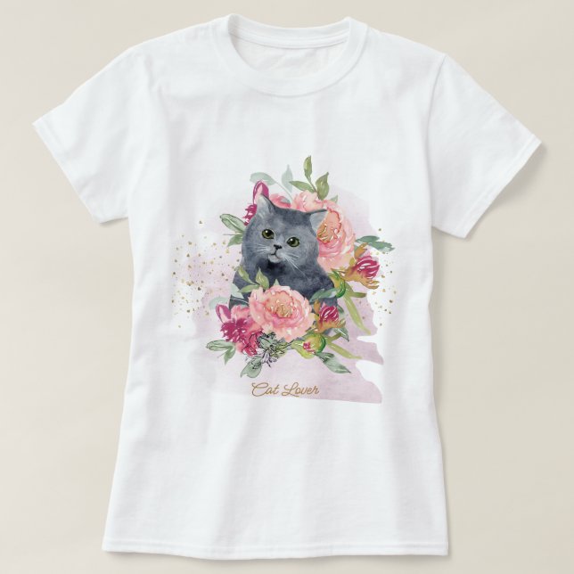 T-shirt Chat noir & Fleurs Amoureux des animaux de compagn (Design devant)