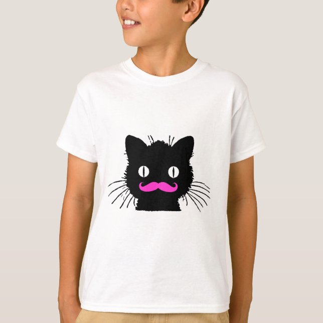 T-SHIRT CHAT NOIR FUNNY ROSE MUSTACHE (Devant)