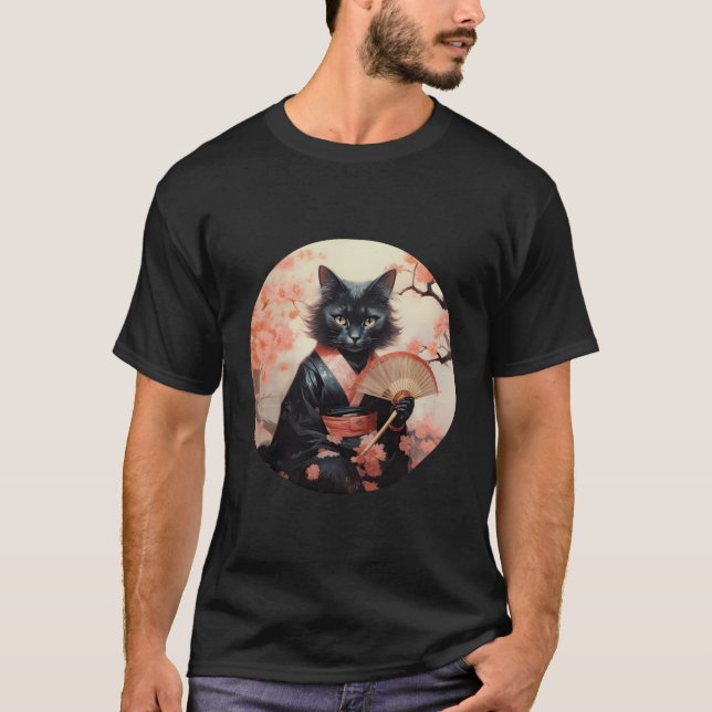 T-shirt Chat noir Geisha Funny Pet Kimono (Devant)
