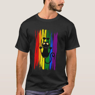 T-shirt Chat noir grimpant sur arc-en-ciel drôle Fierté LG