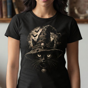 T-shirt Chat noir Halloween avec chapeau de sorcière, plei