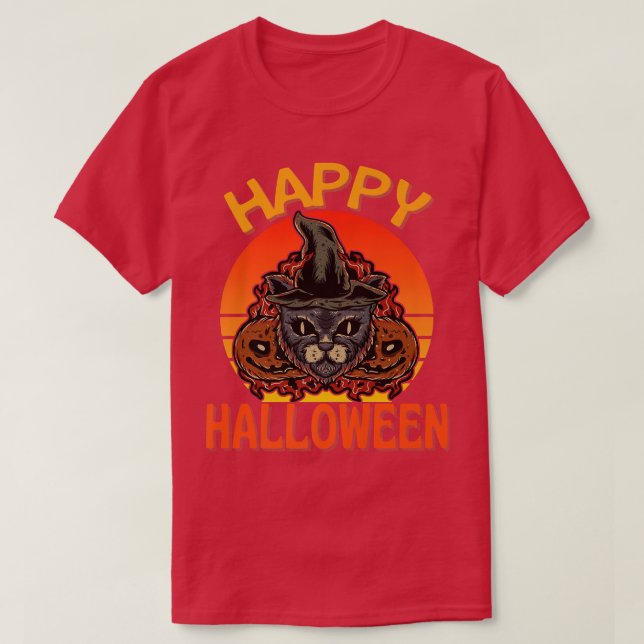 T-shirt Chat noir Halloween Chat sorcière Chat Citrouille  (Design devant)