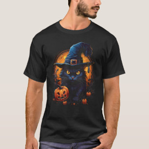 T-shirt Chat noir Halloween Sorcière Chapeau Citrouille Lu
