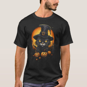 T-shirt Chat noir Halloween Sorcière Chapeau Citrouille Lu