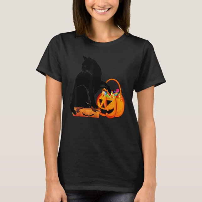 T-shirt Chat noir Jack O' Lantern Citrouille Sweet Candy (Devant)