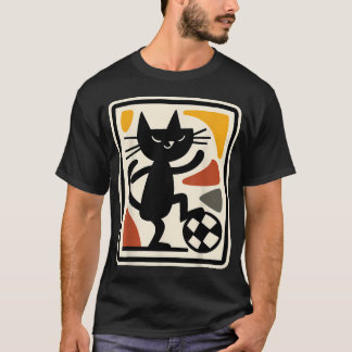 T-shirt Chat Noir Jouant au Football Rétro Style Sportif