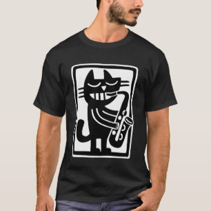 T-shirt Chat noir jouant de la musique jazz au saxophone A