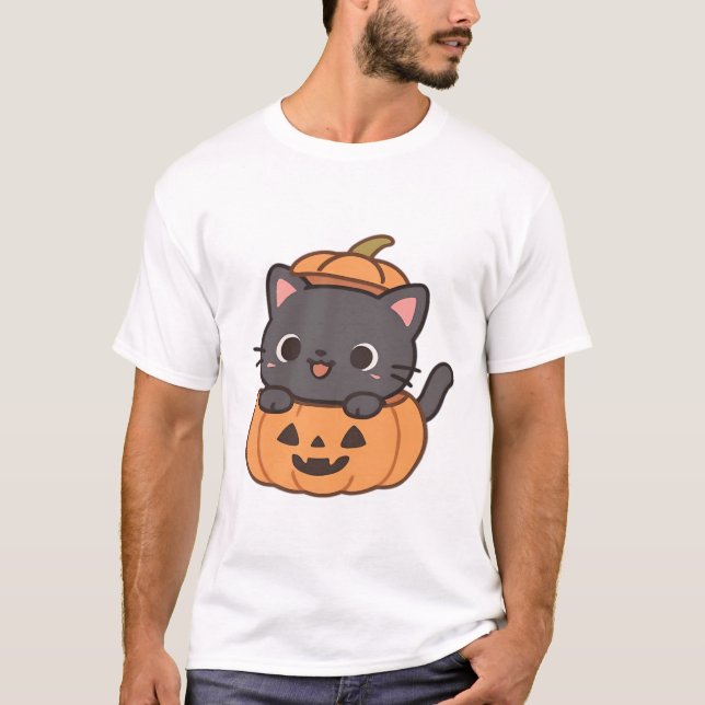 T-shirt chat noir joueur sortant de citrouille - (Devant)