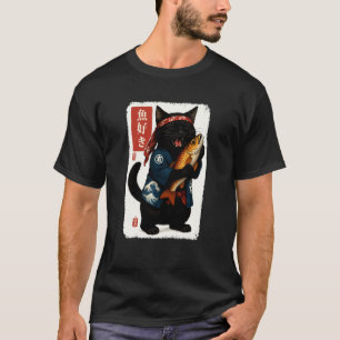 T-shirt Chat Noir Kanji Japonais Poisson Japon Amateur d'A