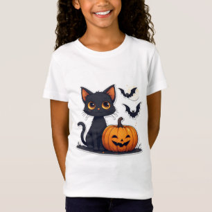 T-Shirt Chat noir Kawaii et pile de citrouilles Halloween 