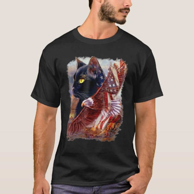 T-shirt Chat noir Kitten Drapeau américain Aigle 4e juille (Devant)