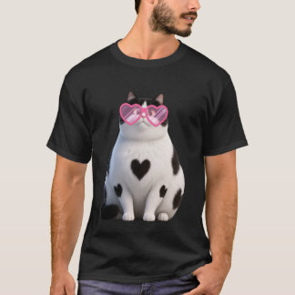 T-shirt Chat Noir Kitten Kawaii Amoureux Lunettes de cœur 