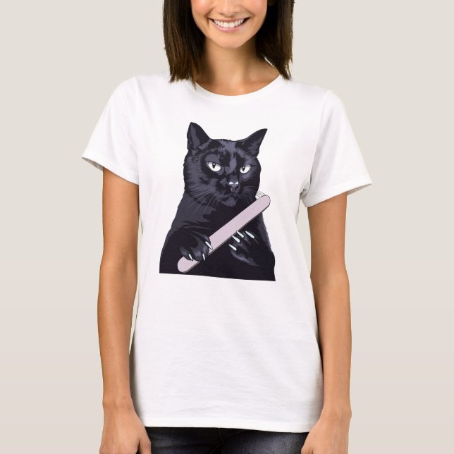 T-shirt Chat Noir Lime à Ongles Manucure Drôle Illustrat (Devant)