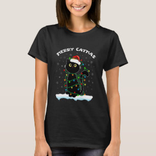 T-shirt Chat noir Lumière de Noël Joyeux Catmas chat porta