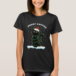 T-shirt Chat noir Lumière de Noël Joyeux Catmas chat porta
