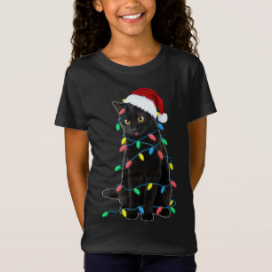 T-Shirt Chat noir lumières d'arbre de Noël chaton drôle Pè