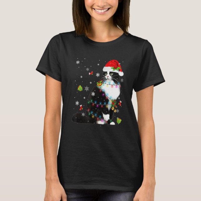 T-shirt Chat noir Lumières de Noël Santa Chat Fun Chat Chr (Devant)