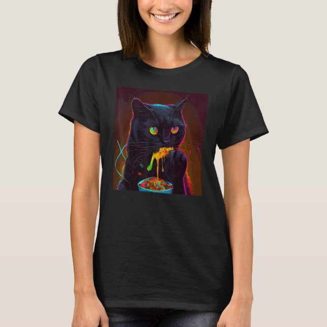 T-shirt Chat Noir Mange Coloré (Devant)