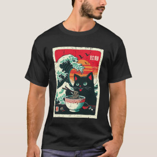 T-shirt Chat noir mangeant des nouilles japonaises Ramen W