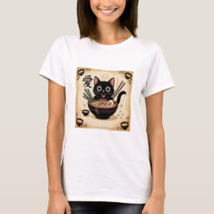 T-shirt Chat Noir Mangeant des Ramen, Bol de Nouilles Kawa