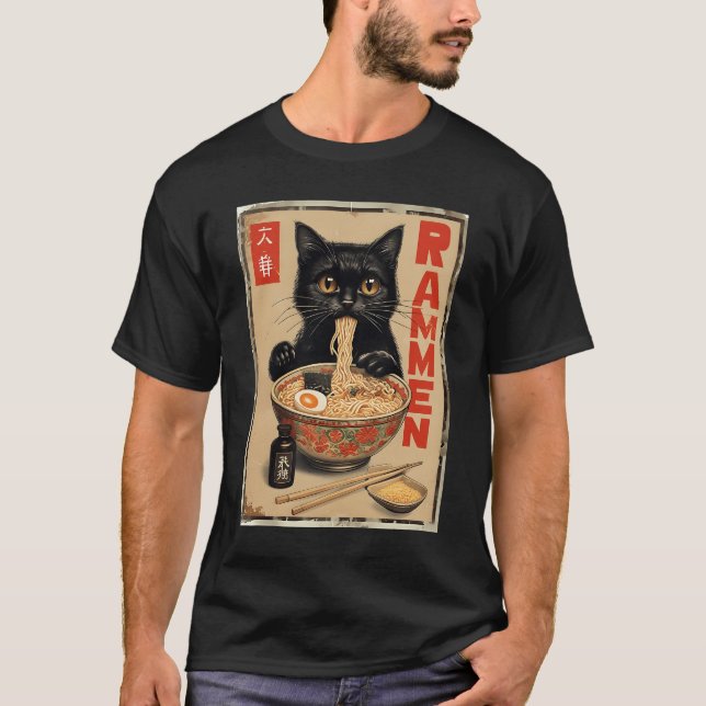 T-shirt Chat noir manger Ramen nouilles japonaises Aliment (Devant)