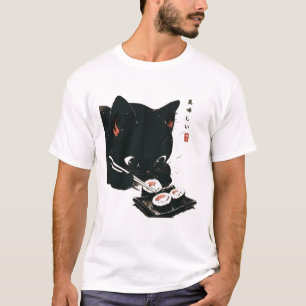 T-shirt Chat noir manger Sushi - Chat Art Japonais