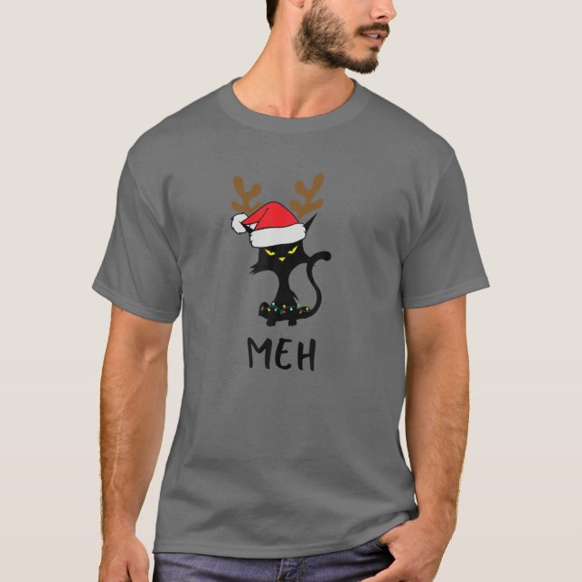 T-shirt Chat Noir Meh, Chats Amusants Noël (Devant)
